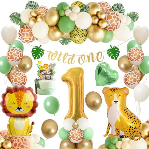 Deko 1. Geburtstag Junge Mädchen,Geburtstagsdeko 1 Jahr,Safari Kindergeburtstag Deko 1 Jahr,Grün Luftballon 1 Geburtstag,Dschungel Erster Geburtstagsdeko,Wild One Geburtstag Deko Junge Mädchen