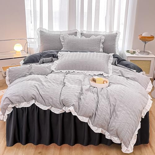 GETIYA Hellgrau Seersucker Bettwäsche 135x200 Elegant Rüschen Bettwäsche Grau Weich Seersucker Bettbezug Mikrofaser Deckenbezug Einzelbett mit Reißverschluss und 1 Kissenbezug 80x80
