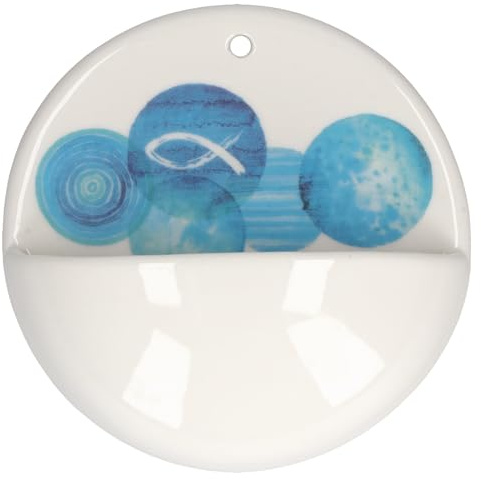 Butzon & Bercker Weihwasserbecken - Porzellan Weihbecken Wand Weiß Ichthys | Rundes Wand-Weihwasserbecken mit blauem Fisch-Motiv - Ideal als Geschenk zur Taufe, Kommunion oder Firmung