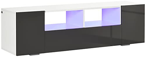 HOMCOM Meuble TV LED avec 3 placards, Support télé 140 cm pour télévision jusquà 60 Pouces, lumière réglable, Panneau de Porte Brillant, Blanc et Gris laqué