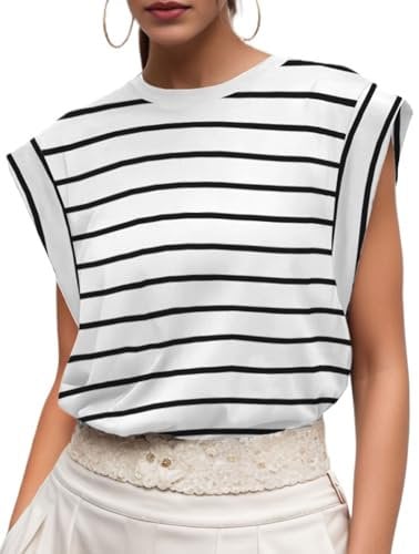 GRECERELLE Womens Cotton T Shirts Cap Sleeves Stripe Loose Fit Basic Ladies Tops for Casual Comfort Soft Crew Neck Summer Tees (White Black Stripe, L)