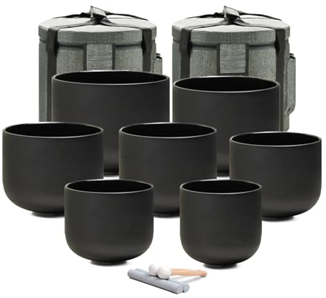 432HZ 6-12 Inch Set of 7 Chakra Black Frosted Quartz Crystal Singing Bowls with 2 Pcs Carry Cases and Suede Mallet