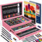 Premium Malkoffer Deluxe 175-teilig Malset im Holzkoffer, mit Acrylfarben, Aquarellfarben, Wachsmalstifte, Buntstifte, professionelles Kunstset, Künstlerbedarf Geschenk für Kinder Anfänge, Rosa