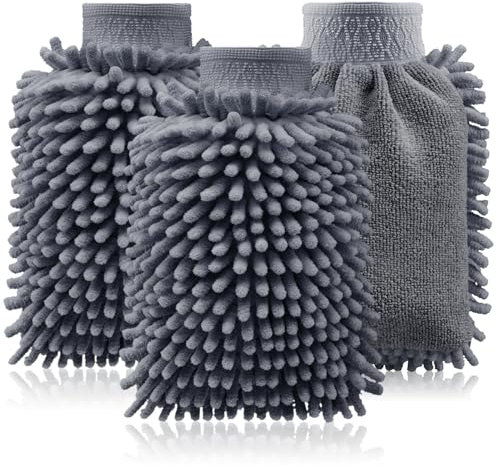 com-four® 3X Waschhandschuh für KFZ und Haushalt - Microfaser-Handschuh - Chenille-Handschuh - Putzhandschuh für die Autopflege, Autowäsche und Fensterreinigung (3-teilig - dunkelgrau)