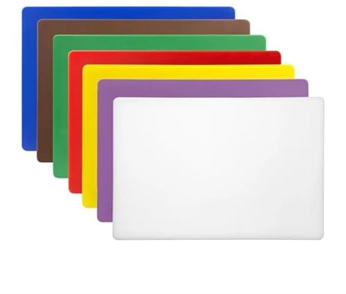 Hygiplas Low Density Chopping Board Set, 600x450mm, 7 Pack, Multicolor | Commercial plastic construction offers a non-porous, easy-to-clean preparation surface built for professional kitchens.