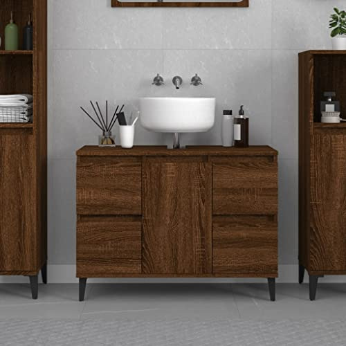 Myheimly Waschbeckenunterschrank, Waschtischunterschrank mit Stauraum,Unterschrank Metallbeine für Badezimmer, Badschrank Badezimmerschrank, Holzwerkstoff Braune Eiche