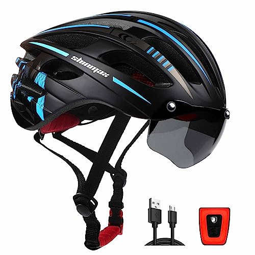Shinmax Fahrradhelm Herren Damen mit LED Licht, Magnetischer Schutzbrille | 9 Modi USB-Aufladung Licht,PC-Schale und EPS-Schaum , 27 Belüftungsöffnungen, Größenverstellung und herausnehmbares Futter
