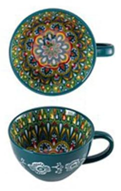 Handbemalte Keramiktasse mit Blumenmuster, große Kapazität, Kaffeetasse und Frühstücksschüssel, Bohemian-Stil, Tee-, Milch-, Müsli-Tasse für Zuhause, Küche, 400 ml (Stil F)