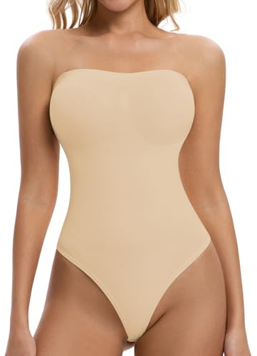 ONEW Body Gainant String Bandeau sans Bretelles Femme Body Sculptant Tanga Ventre Plat avec Bretelles Spaghetti Amovibles Gaine Amincissante Invisible Thong Shapewear Bodysuit Body Shaper Beige M