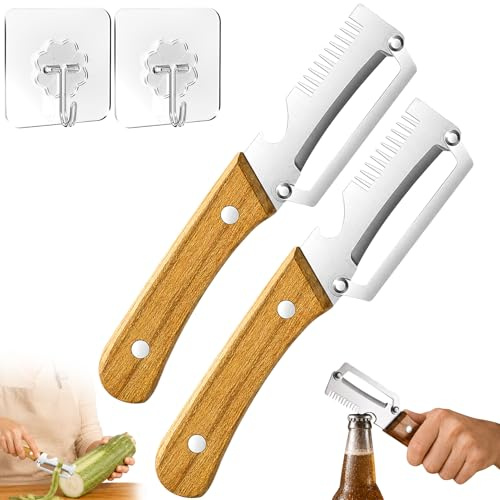 Shinybox 3 en 1 Pelador Verduras Multifunción, 2 Piezas Pelador Multifuncional de Acero Inoxidable y Abridor de Botellas con 2 Ganchos, Pelar Patatas, para Verduras, Frutas, Zanahorias