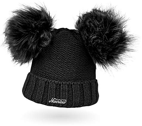 Neverless® gefütterte Damen Strickmütze mit Doppel-Fell-Bommel und Fleece Futter, Winter-Mütze, Bommelmütze schwarz
