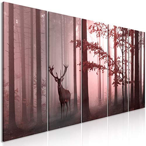 decomonkey Bilder Hirsch 200x80 cm 5 Teilig Leinwandbilder Bild auf Leinwand Wandbild Kunstdruck Wanddeko Wand Wohnzimmer Wanddekoration Deko Tiere Wald Natur