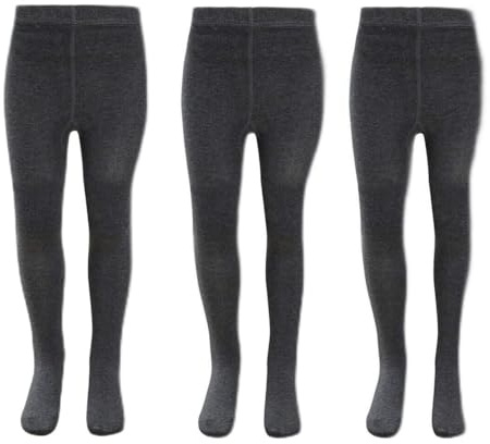 Girls 3 Pairs Back To School Plain Cotton Rich Tights Black Grey Navy (Grey, 13/14 YEARS)