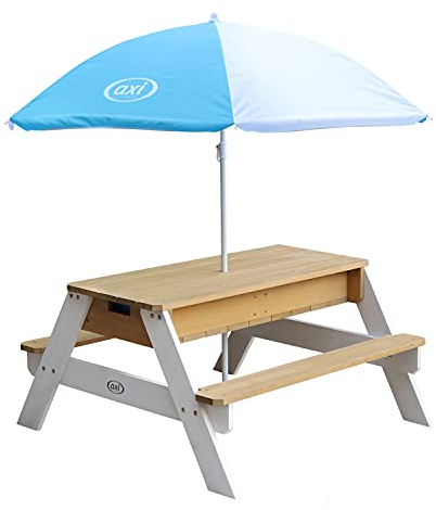 AXI Nick Kinder Sand & Wasser Picknicktisch aus Holz | Wasserspieltisch & Sandtisch mit Deckel und Behältern | Kindertisch/Matschtisch in Braun & Weiß mit Sonnenschirm für den Garten.