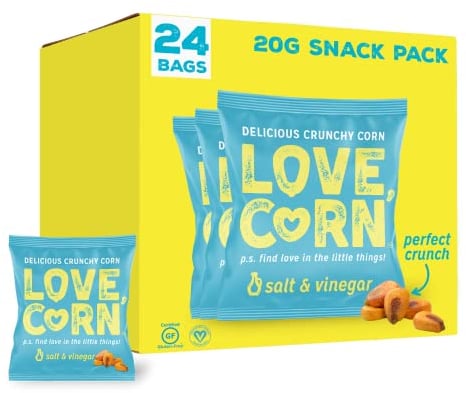 LOVE CORN Salt & Vinegar Crunchy Corn Snack 20g x 24 Bags – Healthy Snacks Ideal for Gluten Free & Vegan Diets – Low Sugar Alternative for Crisps, Mixed Nuts & Pretzels – Perfect To Graze On
