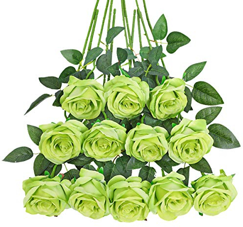 Tifuly 12 PCS Künstliche Rosen, 19,68 '' Single Long Stem Fake Rose Seide Braut Hochzeitsstrauß Realistische Blume für Hausgarten Party Hotel Büro Dekor (Blüten Rosen, Grün)