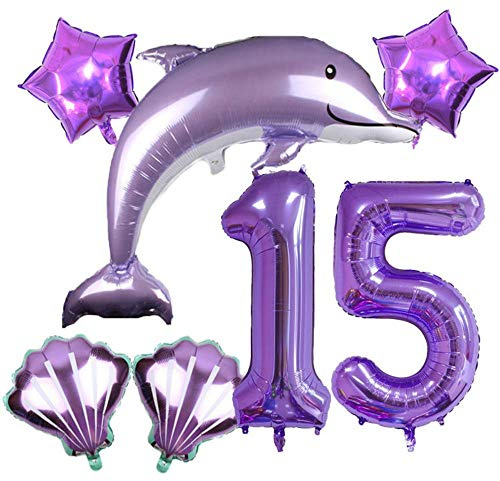 DIWULI Delfin Ballon Set 15 Jahre Lila Meer Motto-Party Deko