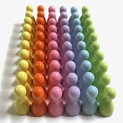 Wooden Playing Pieces for Board Games, Colourful Mix, Special Colours, Halma Pawns, Size 12/24 mm, 60 pieces (6 x 10) (pastel rainbow: baby pink, lilac, mandarin, pastel yellow, baby blue, lemon)