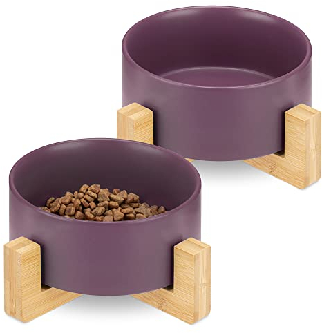 Navaris Lot 2X Bol en Céramique - Gamelle pour Chat Chiot Ø 16 cm avec Support en Bambou - Set 2X Gamelle Surélevée avec Socle - Design Danois
