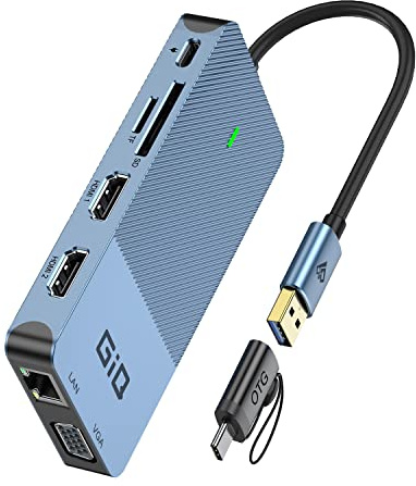 USB Docking Station Giq USB C Hub USB 3.0 to Dual HDMI VGA Adapter Triple Display USB C Laptop Docking Station Dual Monitors Compatible for MacBook M1 USB Dock - Blue