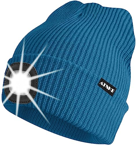 ATNKE Unisex LED Mütze mit Licht,Wiederaufladbare USB 4 LED Beleuchtete Laufmütze Extrem Heller Lampe Winter Warme Stricken Mütze für Herren und Damen Geschenke/Peacock Blue