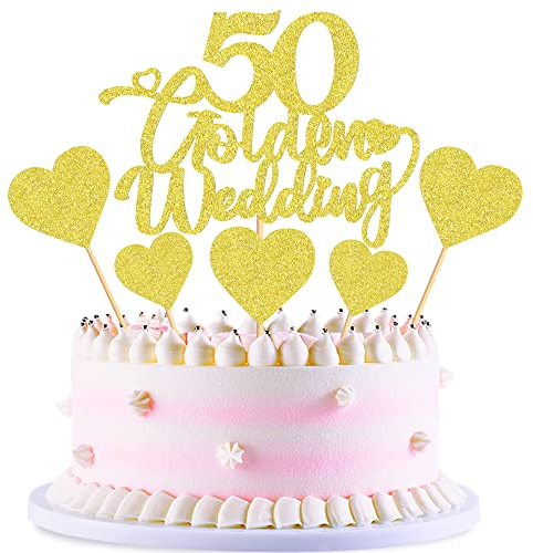 Blumomon 25Pcs 50th Wedding Anniversary Cake Toppers Gold Glitter 50th Golden Wedding Anniversary Heart Cake Decoration for Celebration 50 Golden Wedding Party Supplies