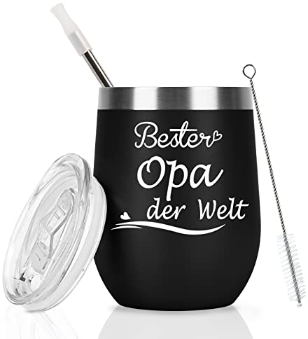 Livole Opa Geschenke Geburtstag, Geburtstagsgeschenk für Opa, Männer, Bester Opa Der Welt, 12oz Kaffeebecher to go, 350ml Weingläser mit Deckel, Stemless Weinbecher für Kaffee, Champagner, Schwarz