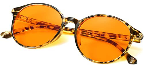 LIKSMU 99.99% Blue Light Blocking Glasses Computer Glasses Gaming TV Phone Sleeping Glasses Women Men Professional Filter Anti Eyestrain Vintage Round Eyewear Havana Tortoise Shell Frame Orange Lens