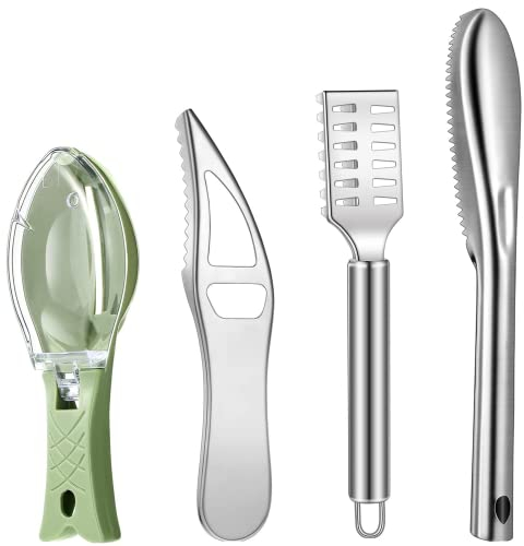 mciskin 4 Pcs Stainless Steel Fish Scale Remover Cleaner Kitchen Fish Scaler Fish Skin Graters Cleaning Peeler Scaler Scraper with Bottle Opener for Kitchen Fish Cleaning Tools
