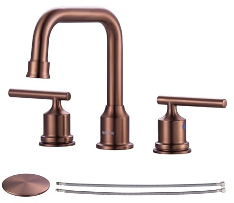 WOWOW Weit verbreiteter Badezimmer-Wasserhahn 3 Löcher Badezimmer Waschbecken Wasserhahn 2 Griffe Waschtischarmatur mit Pop-Up-Abfluss und Zuleitungen, Bauernhaus-Waschtischarmatur, 20,3 cm, Roségold