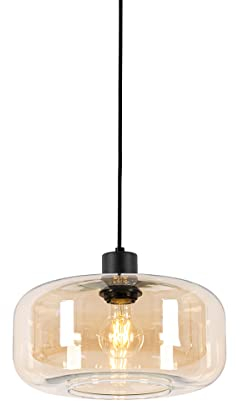 Qazqa - Art Deco Art-Deco-Hängelampe I Pendellampe I Pendelleuchte schwarz mit braunem Glas - Bizle I Wohnzimmer I Schlafzimmer - Rund - LED geeignet E27