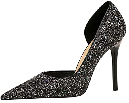 Mode Frauen Slip on Stiletto Pumps Pointed Toe Shallow High Heels Pailletten Seite Hollow Clubwear Party Schuhe