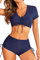 SHEKINI Women's High Waisted Bikini Set V Neck Short Sleeve Padded Drawstring Two Piece Bathing Suit Swimsuit, Blue, Small