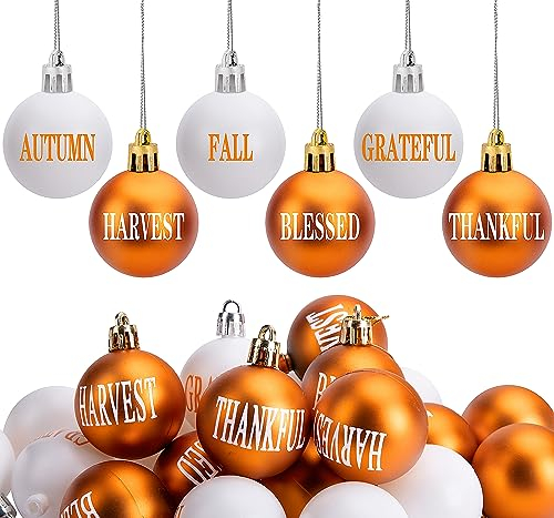 24 Pcs Fall Thanksgiving Day Hanging Ball Ornaments, 1.6 Fall Harvest Ball Hanging Decorations, Orange White Thankful Balls Tree Ornaments for Autumn Thanksgiving Home Tree Decor