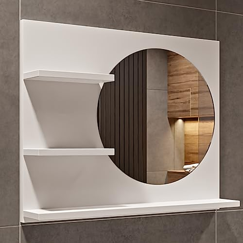 HAJDUK FURNITURE Badspiegel Mit Ablage Weiß - 60 cm x 50 cm - Spiegel Rechts - Badezimmerspiegel - Rund - Wandspiegel - Spiegelschrank - Durchmesser: 40 cm