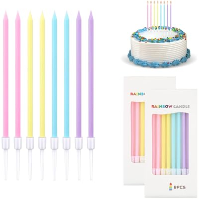 AZWOOD Geburtstagskerzen für Torte, 16 Stücke Regenbogen Farbe Kerzen Geburtstag Kuchenkerzen für Geburtstagsdeko Lange Cupcake Kerzen für Geburtstag Hochzeit Baby Shower