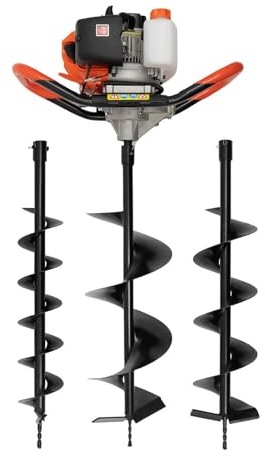 SanBouSi Erdbohrer Benzin 52CC 2-Takt Erdbohrer für Bohrmaschine, Erdbohrgerät Pfahlbohrer Set mit 3 Bohrer Einzylinder Luftgekühlt Benzin Handerdbohrer Gartenbohrer