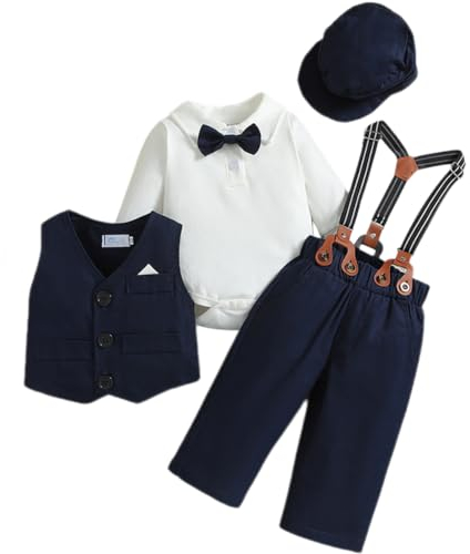 Odizli Baby Anzug Junge Taufanzug Langarm Strampler Body+Hosentr�ger Hose+Weste+Fliege+M�tze 5tlg Bekleidungssets Hochzeit Festlich Babykleidung Taufbekleidung Fotoshooting Dunkelblau 0-6 Monate