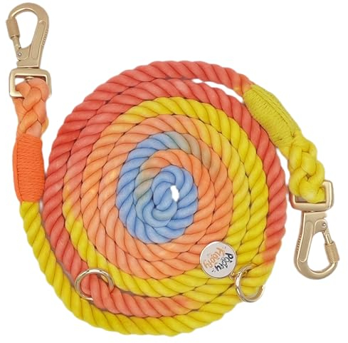 Poofy Floofy Luxuriöse Hundeleine aus Baumwolle, handgefertigt, 2,3 m, stilvoll, robust und vielseitig mit mattierten goldfarbenen Beschlägen und verstellbaren Doppeldrehhaken [Regenbogen]
