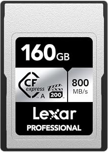 Lexar 160GB Professional CFexpress Type A SILVER Series Memory Card, Compatible with Sony Cameras w/Type A Card Slot, Up to 800/700 MB/s Read/Write, 8K Video, VPG 200 (LCAEXSL160G-RNENG)