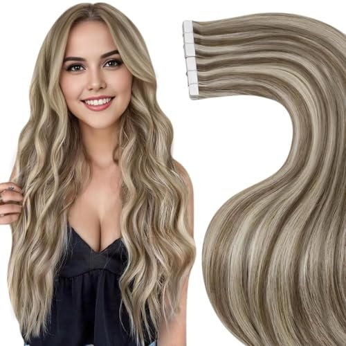 LaaVoo Blond Echthaar Extensions Tape in Highlight Remy Extensions Echthaar Tape Hellbraun Platinblond Tape Extensions Echthaar Skin Weft 50g 20pcs #P8/24 45cm