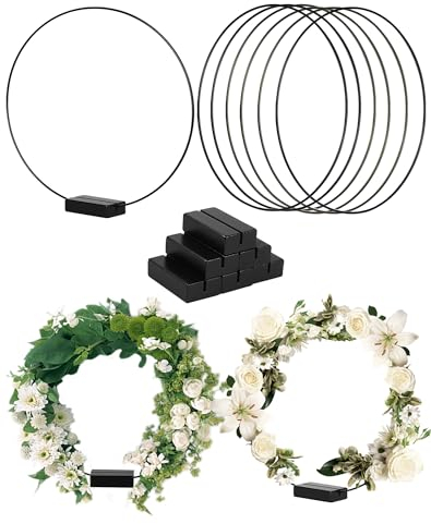 NETONDA 6 Stück 30cm Metallringe zum Basteln, Metallring Schwarz Kranzdeko Dekoring mit Standfuß aus Pineholz als Tischdekoration für Hochzeit Bankette DIY Blumenringe Festival Weihnachten Handwerk