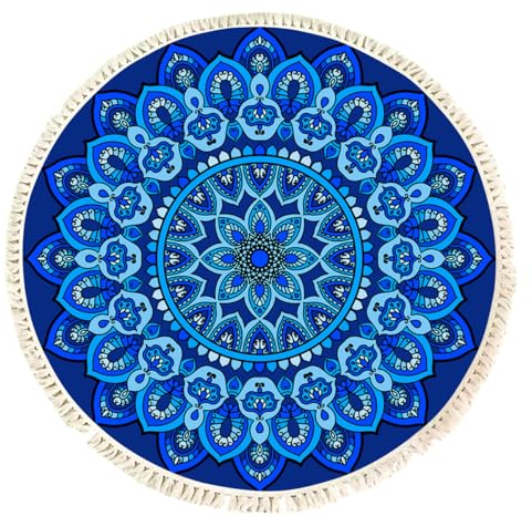 Terafeels Waschbarer Runder Teppich, 90 cm, Boho-Blau, Badezimmerteppich Mit Mandala-Kreismatte, Weich, Rutschfest, Niedlich, Für Waschbecken