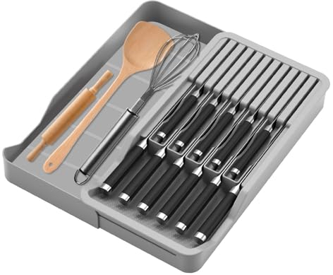 YIWONFU Kitchen Knife Drawer Organiser, Drawer Knife Block Holds up to 11 Knives with Expandable Organiser, Kitchen Cutlery Tray Adjustable Utensil Drawer Organiser – Compact, Grey