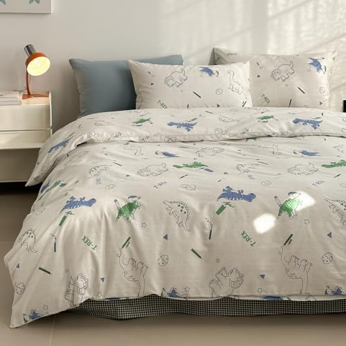LIWHENHAO Dinosaur Duvet Cover Set Queen 100% Cotton Bedding Cartoon Dino Print on Gray White 1 Kawaii Cute Animal Comforter Cover Full Zipper Closure 2 Pillowcases for Kids Girls Boys Woman