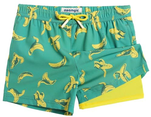 MaaMgic Badehose Jungen Kinder | Schnelltrocknend Kurz Swim Shorts für Kleine | 2 in 1 Badeshorts mit Kompression Innenhose Taschen Verstellbare Tunnelzug MEHRWEG,Große Banane,7 Jahre