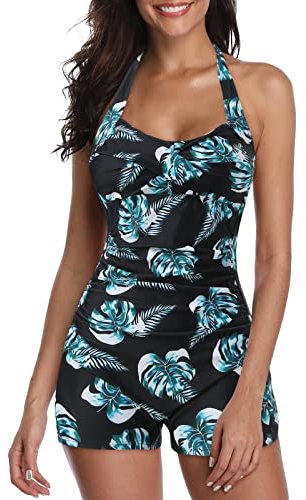 Maillot De Bain Femme 1 Pieces Shorty Ventre Plat Sexy Creux col Halter Chic Grande Taille Monokini Femme Vintage Imprimé Cerise Plage Océan Surf Plongeon Sport Natation Piscine (Tropical, XXL)