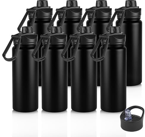 VEGOND 24oz Insulated Water Bottle with Straw Lid, Stainless Steel Metal Water Bottle with Straw & Wide Mouth Lid, Double Wall Vacuum Water Bottle for Hiking Camping, Black 8 Pack