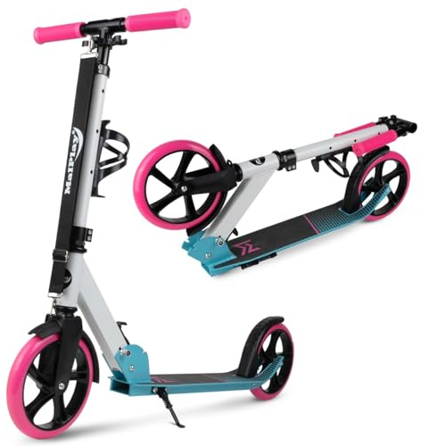 MalPlay Großer Cityroller mit Tragegurt und Flaschenhalter, 200 mm Räder | Großer, Roller für Kinder und Erwachsene bis 100kg, klappbar Tretroller, rosa und blau