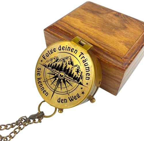 Personalisierter Kompass mit Gravur Wunschmotiv und Wunschtext Name Diverse Designs Messing Ledertasche Geschenkbox tolle Geschenkidee (Vintage Optik)